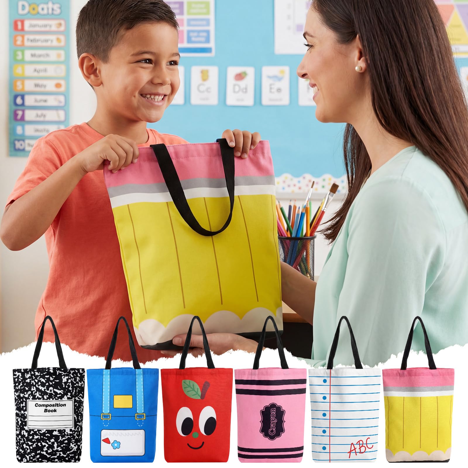 Tallew 6 bolsas de lona reutilizables con asa para lápices, cuaderno de Apple, regalos de agradecimiento para profesores, regalos de agradecimiento para mujeres, suministros de regreso a la escuela
