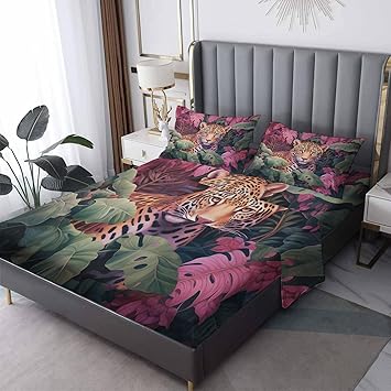 Leopard Sheets California King Size, Jungle Animal Bed Sheets & Pillowcases 4 Piece Set, Deep Pocket Fitted Sheet & Flat Sheet & Pillowcase, Soft Wrinkle Free Decorative Bedding