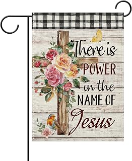 Dyrenson Vintage Christian Cross Floral Decorative Garden Flag, Religious | Jesus Rose Flower Bird Farmhouse Yard Home Decoration, Spring Summer Bible Verse Plaid Outdoor Decor Double Sided 12 x 18