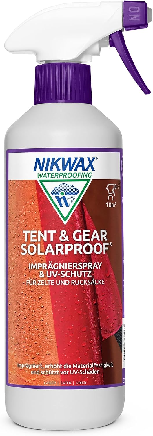 Nikwax Tent & Gear SolarProof Spray-On 500ml Imprägniermittel – UV-Schutz und Imprägniermittel für synthetische Campingzelte, Gartenpavillons, Markisen u.a.