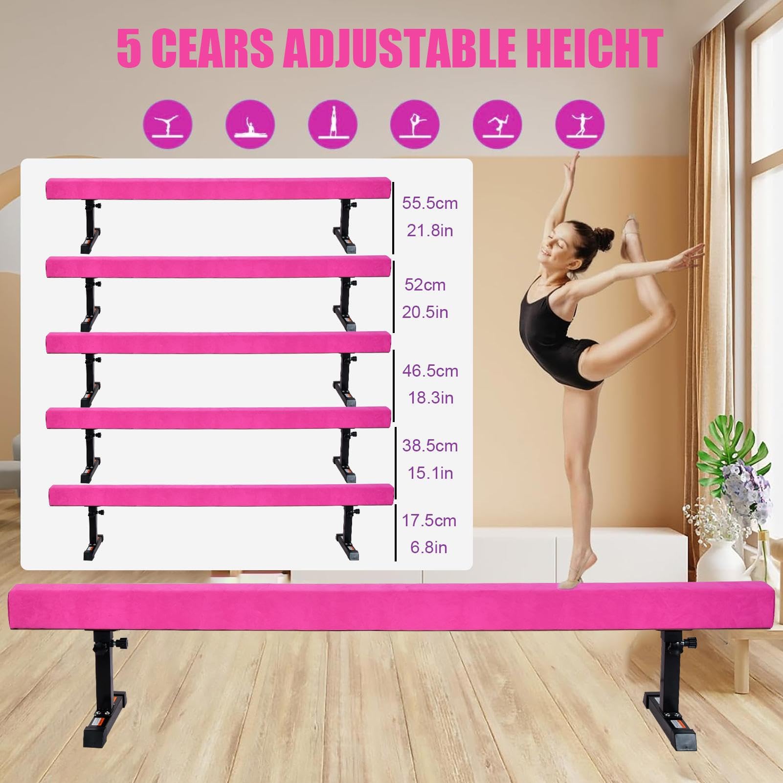 Barra de equilibrio para niños, plegable, 180 cm, 5 alturas ajustables, barra de equilibrio para gimnasia, con pata para casa, entrenamiento al aire libre e interior