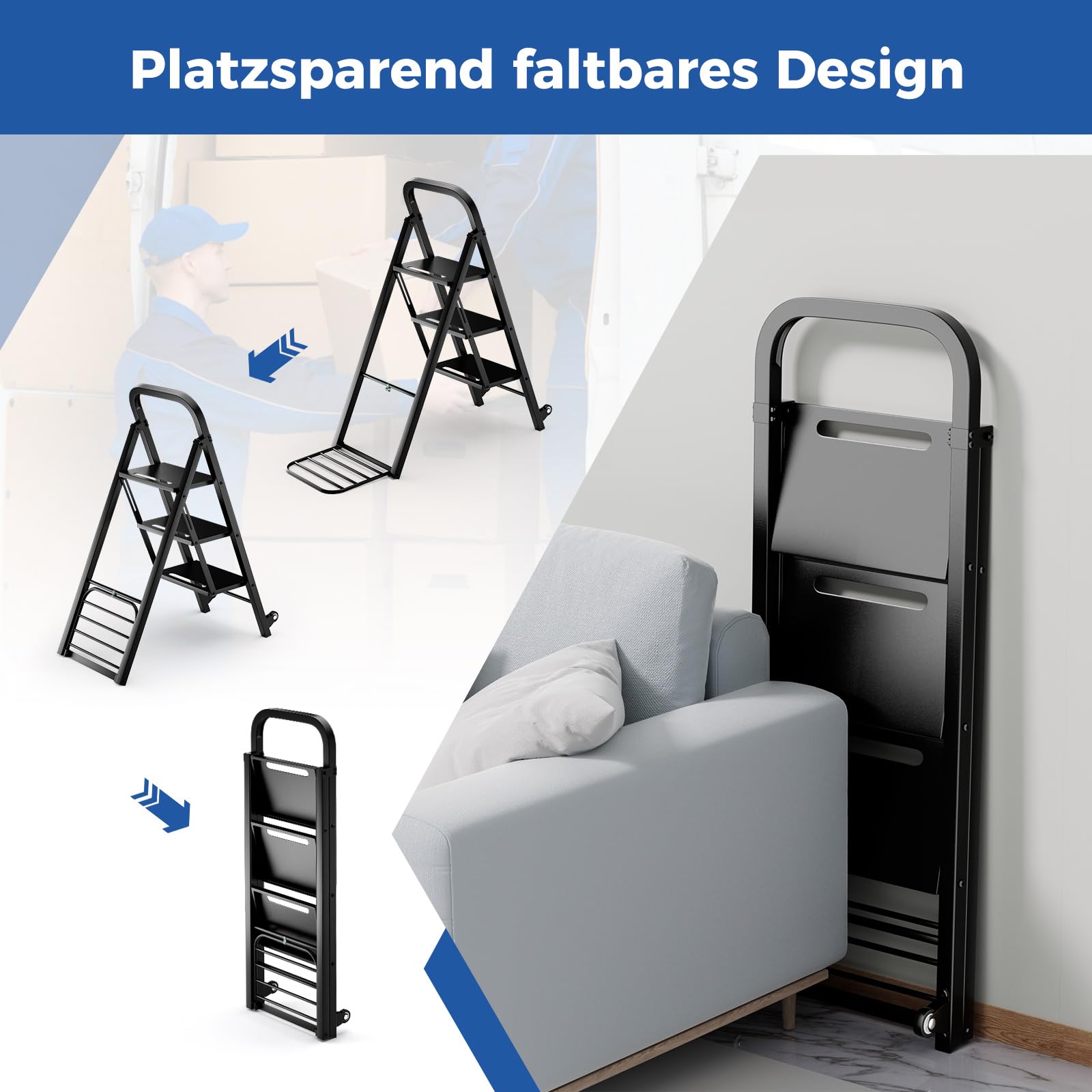 COSTWAY 2 in 1 Sackkarre & Trittleiter klappbar, 2 Räder Handwagen, Transportkarre Metall umwandelbar, Ladefläche 30 x 37cm, Karre bis 250kg / Leiter bis 200kg belastbar, schwarz
