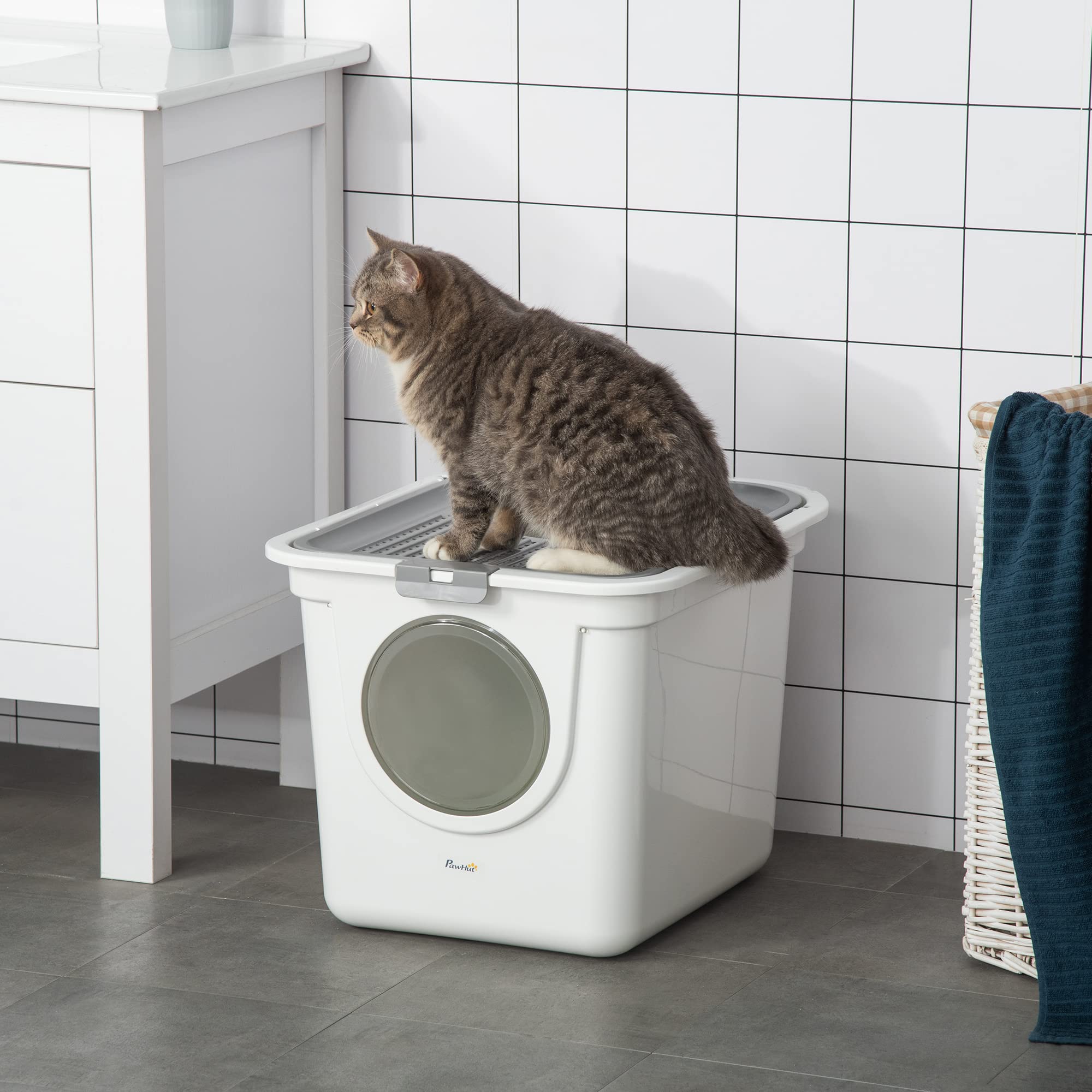 PawHut Lettiera per Gatti Chiusa 2 Ingressi con Paletta 44x55x39 cm Bianco | Vassoio, Lettiera Coperta, in Plastica PE