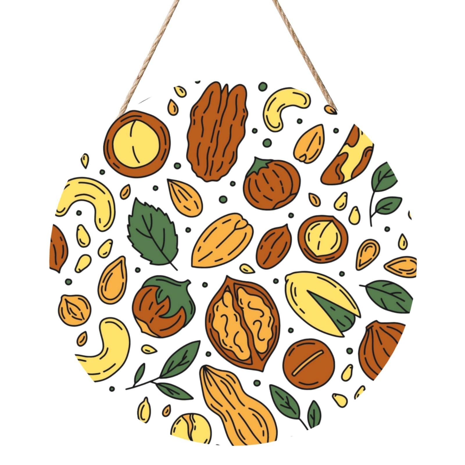 InOmak Doodle Style Nuts Seeds, Round Wood Panel Painting 12 in, Wall Hanging Painting For Home