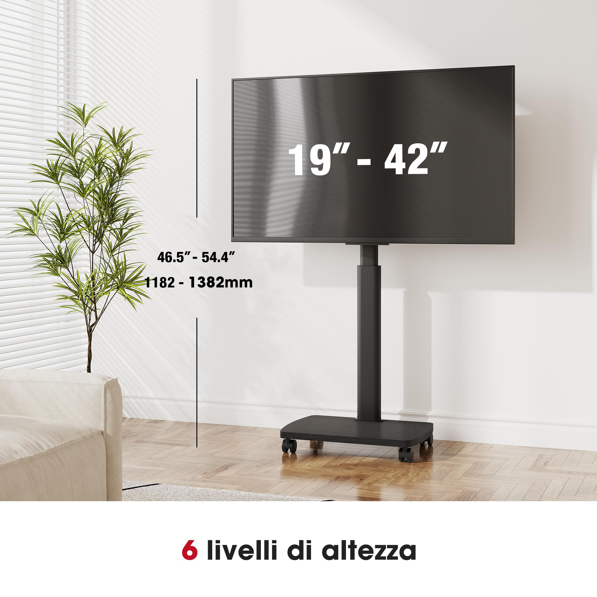 AOKCOS Supporto TV da Pavimento Orizzontale e Verticale per 19-42 Pollici, Carrello Porta TV con Ruote Base in Legno, Inclinazione & Girevole, fino a 20 kg max. VESA 200×200 mm Nero