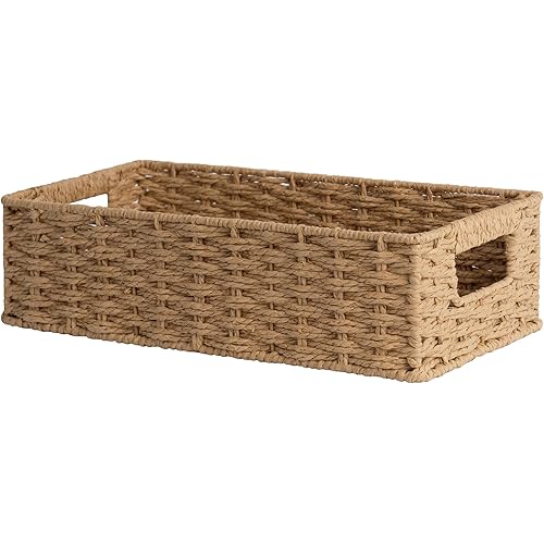 StorageWorks Toilet Paper Basket with Built-in Handles, Light Brown Round Paper Rope Baskets for Bathroom, 14 ¼"L x 6 ¾"W x 3 ¾"H, 1 Pack