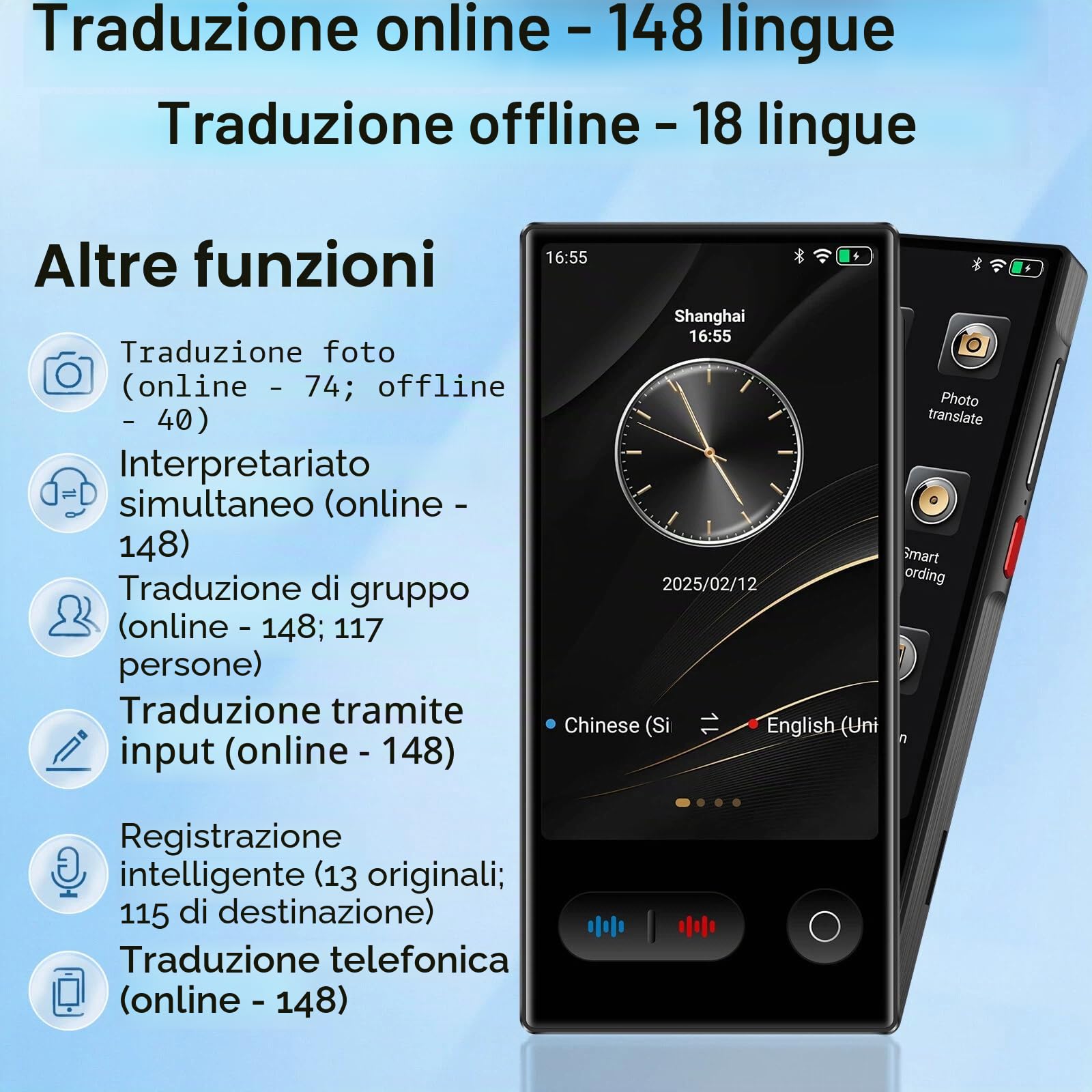 Traduttore Vocale Istantaneo Multilingue, Portatile Traduttore Istantaneo Vocale con 148 Lingue e Italiano Offline, Ai Translator Traduttore Simultaneo Vocale con Translator Fotografiche