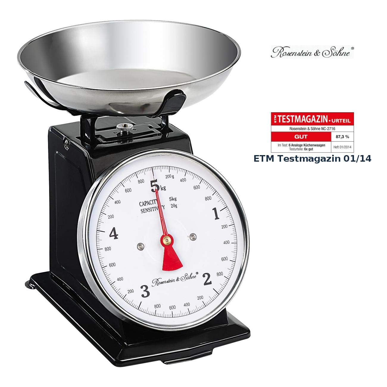 Rosenstein & Söhne Feinwaage analog: Analoge Retro-Küchenwaage bis 5 kg mit Tara-Funktion, schwarz, Metall (Waage analog, Küchenwaage mechanisch, Omas) Küche, Haushalt & Wohnen
