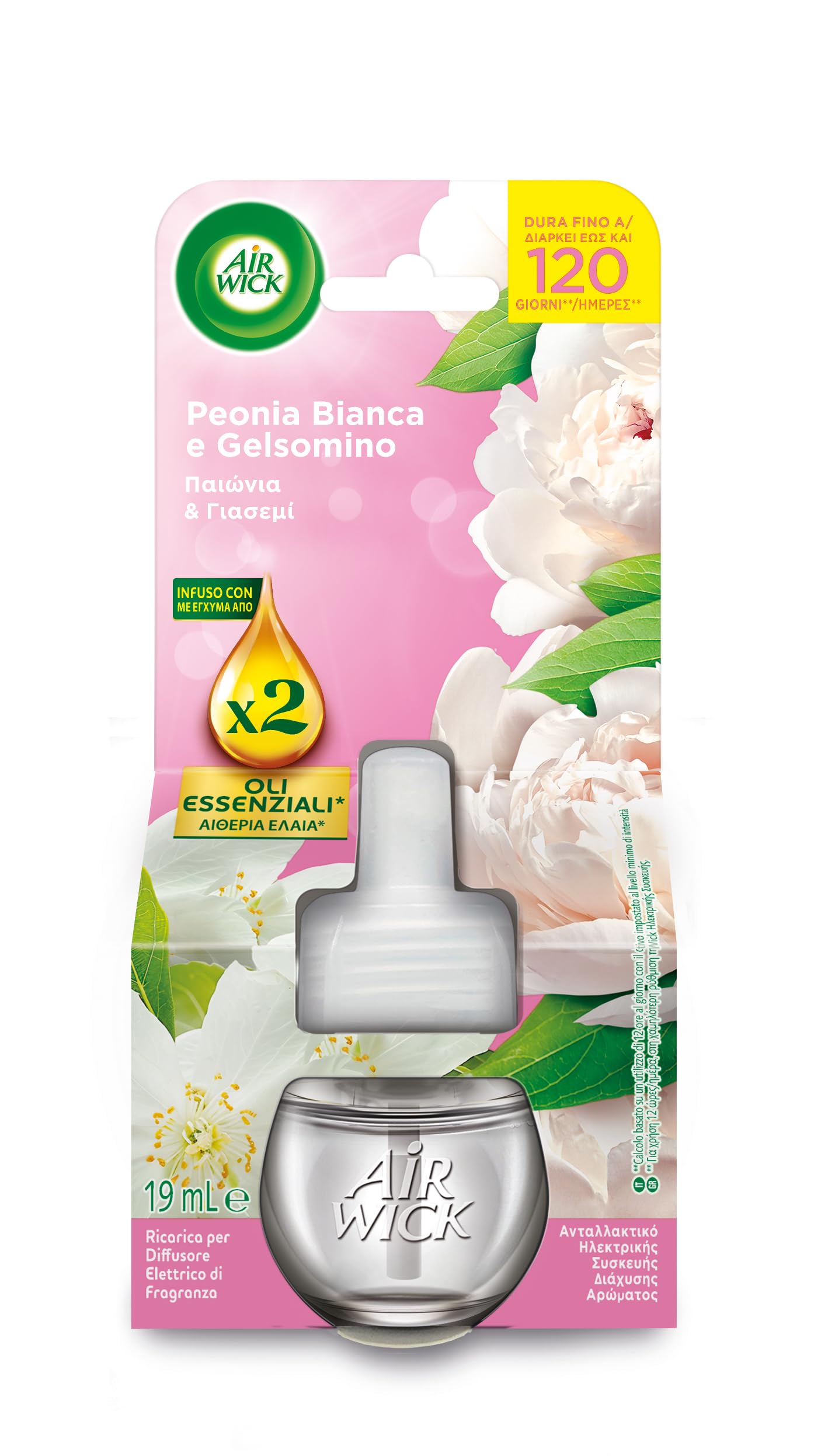 Air Wick Diffusore Elettrico di Oli Essenziali, 6 Ricariche per Diffusore Elettrico alla Fragranza Peonia Bianca e Gelsomino, Profumatore per Ambienti Elettrico con Oli Essenziali