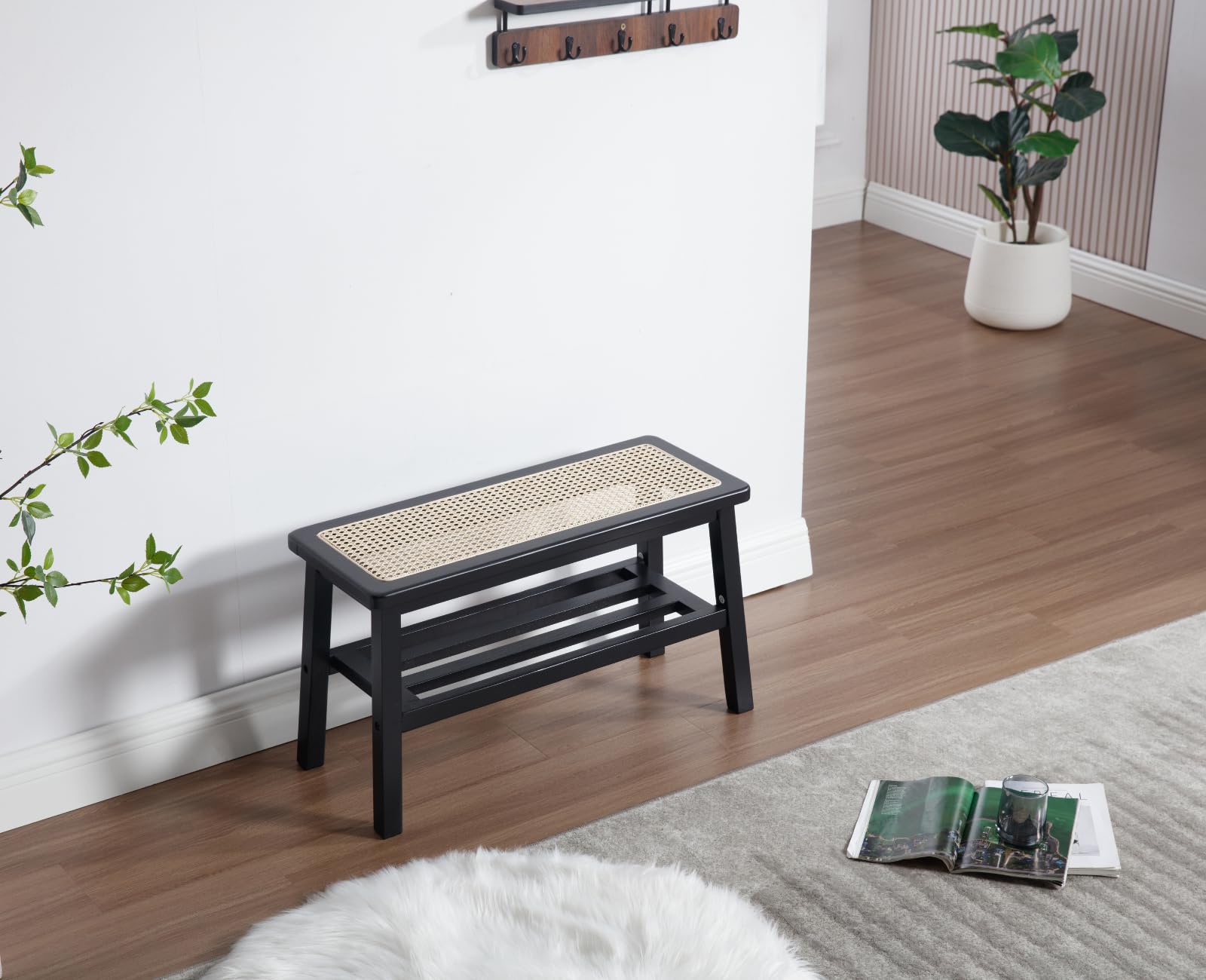 Ya-Home Banco de Cocina de Rattan, Banco Zapatero, Banco Madera Recibidor para Salon/Oficina,Negro