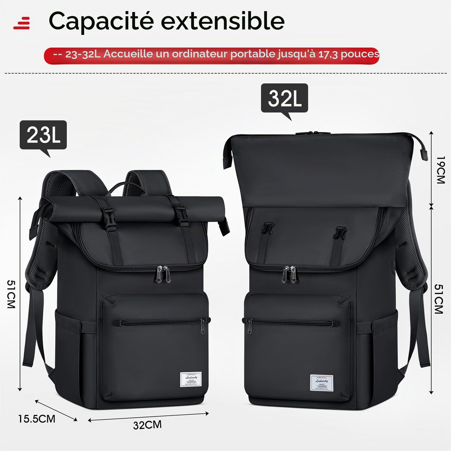Lubardy Sac a Dos Homme Femme Résistant pour Ordinateur Portable 17 Pouces | Sac Roll-Top avec Trou USB pour École Travail Voyage Loisirs Randonnée