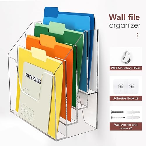 Miniatura 2 de DINGHUO Soporte para archivos de pared de escritorio, organizador de archivos de acrílico de 4 niveles para colgar en la oficina, estante para