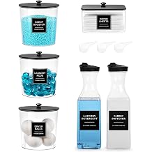 4+2 Pack Laundry Pods Containers & Dryer Sheet Holder & Laundry Detergent Dispenser, Laundry Room Organization and Storage Jars with Lids, Labels and Scoops for Scent Booster, Powder, Pods