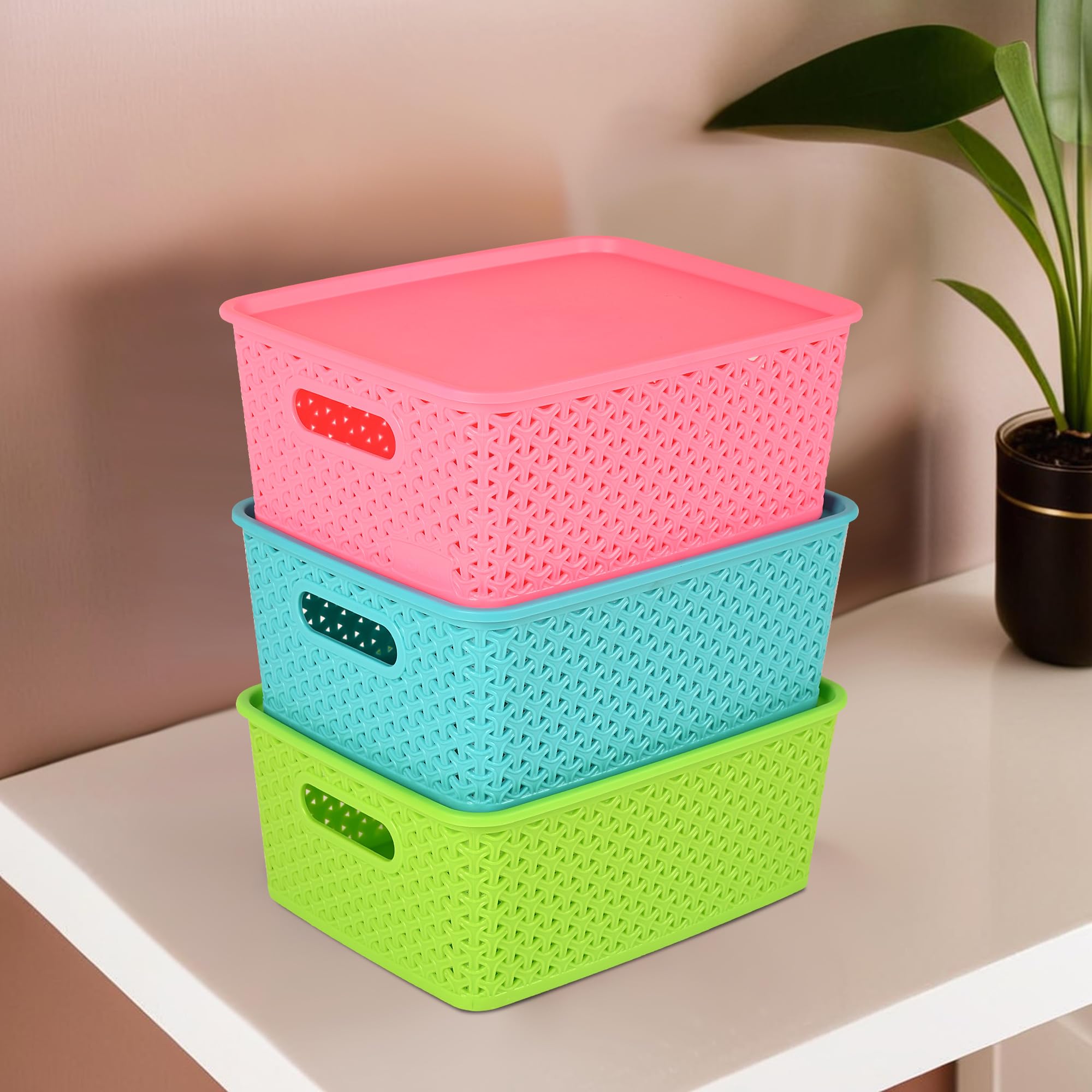 Kuber IndustriesKuber Industries 3 Pcs Stackable Plastic Storage Box with Lid | H3 Multi-Purpose Basket for Storage - Ideal Home Organizers for Baby Dress, Stationary, Medicine & Pooja Items | Multicolor
