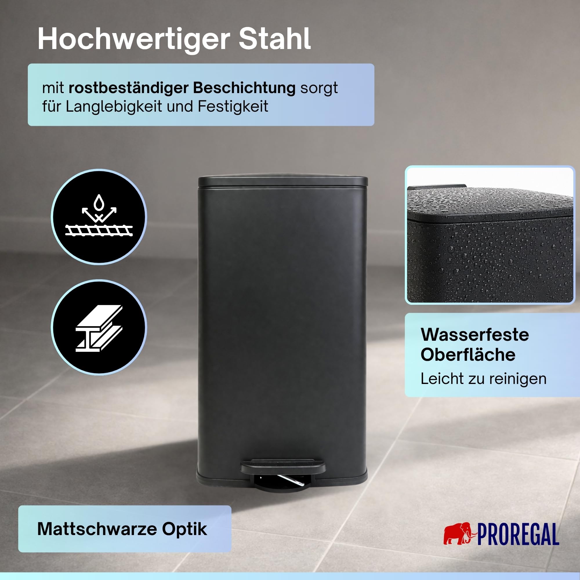 PROREGAL Poubelle cuisine salle bai 50 litres avec Softclose & Stay-Open couvercle. à Pédale & Seau Intérieur Amovible Acier Inoxydable HxLxP 67.5x41.5x49cm Noir Mat