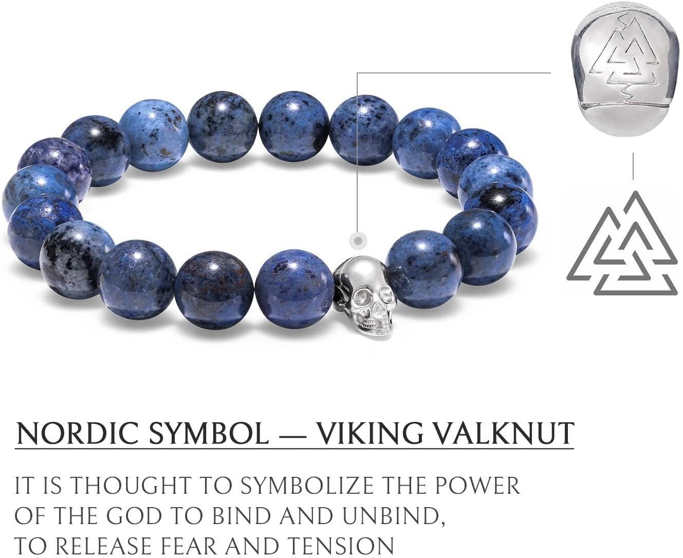 AWNL Men's Double Strand Bracelet Sterling Silver Skull Charm Natural Gemstones Dumortierite Volcanic Picasso Stones Gift for Men, 5.9''-7.5''