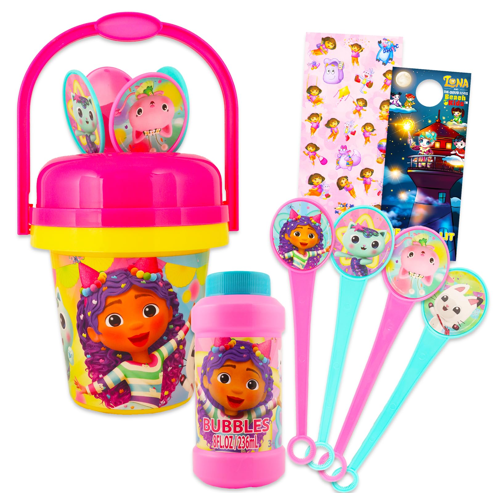 SCREEN LEGENDS Gabby's Dollhouse Bubble Wand Set for Girls - Bundle with No Spill Gabby's Dollhouse Bubble Bucket with Bubble Wand and Bubbles Plus