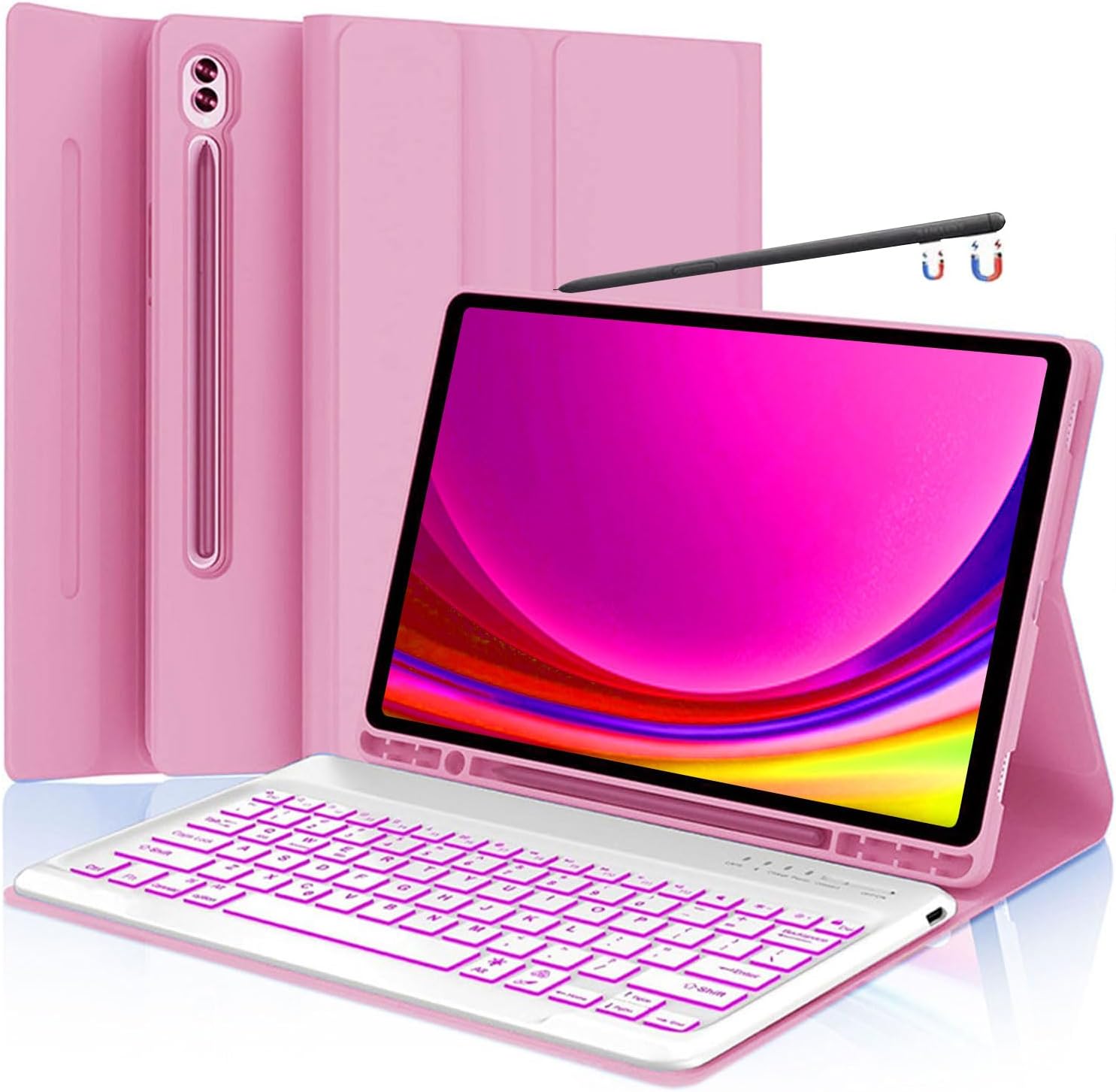 Keyboard Case for Samsung Galaxy Tab S10+ Plus/S9 Plus S9 FE+/S8 Plus S8+/S7 Plus S7+ S7 FE 12.4 Inch, Backlit Keyboard case with Pen Holder, Pink