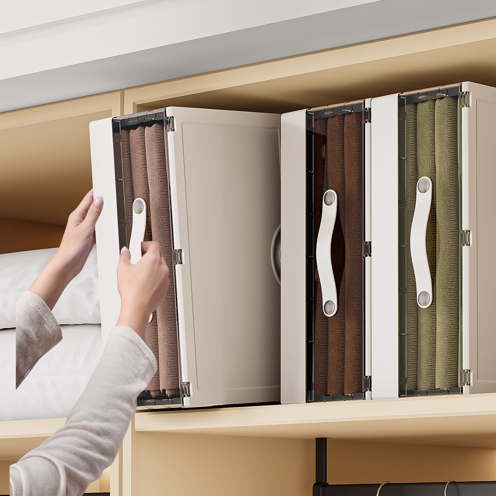 Set di 4 organizer per lenzuola in plastica, pieghevoli, con finestra, contenitori con serratura per lenzuola, copripiumini, coperte