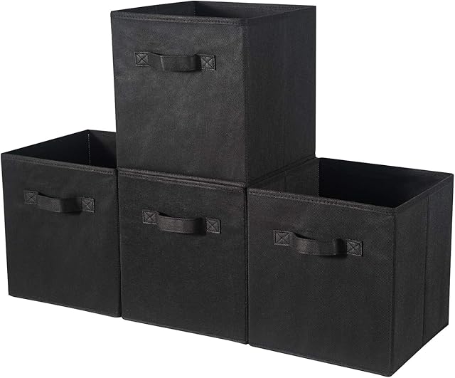 BrillantJo Fabric Storage Box, Set of 4 Organiser Basket Bin Drawers Containers with Handles for Storage Cube Unit, Black, 13" x15"x 13"