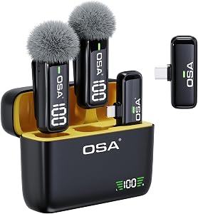 OSA Micrófono Inalámbrico para iPhone, Mini micrófono con cancelación de Ruido Que se Puede Apagar, con Estuche de Carga de 40 Horas, Micrófono Inalámbricos para Live Stream Vlog, Linghtning+Tipo C