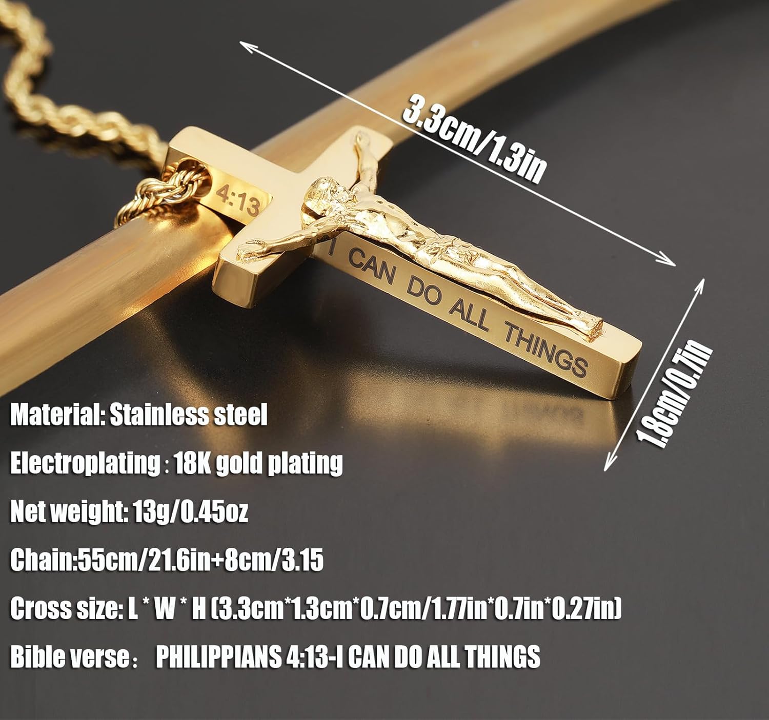 DS Christian Cross Necklace for Men Women-18K Gold Stainless Steel Crucifix Necklaces with Inspirational Bible Verse Religious Gift for Prayer Faith Jesus/God-Catholic Christian Pendant Jewelry - Image 3