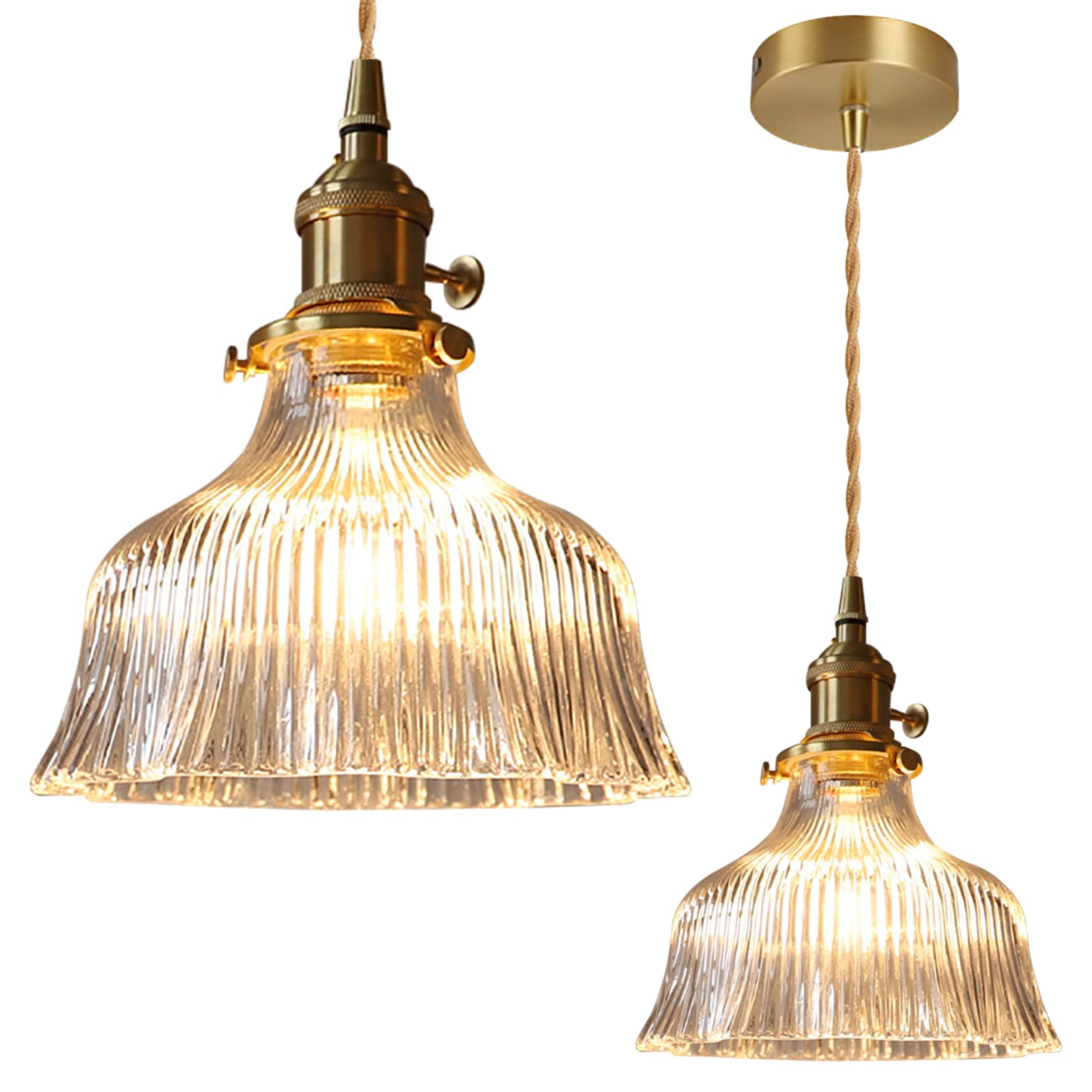 SXWNBIFH Nordic Glass Pendant Light Modern Bedside Chandelier Flowers Shape Adjustable Copper Hanging Lights Home Decor for Bedroom Dining Room Kitchen Island (transparent A)