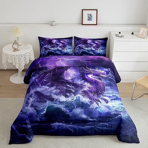 Miniatura 28 de Juego de edredón de dragón occidental, tamaño individual, juego de ropa de cama de relámpago, tsunami, desastre, olas del océano, decoración de Azul