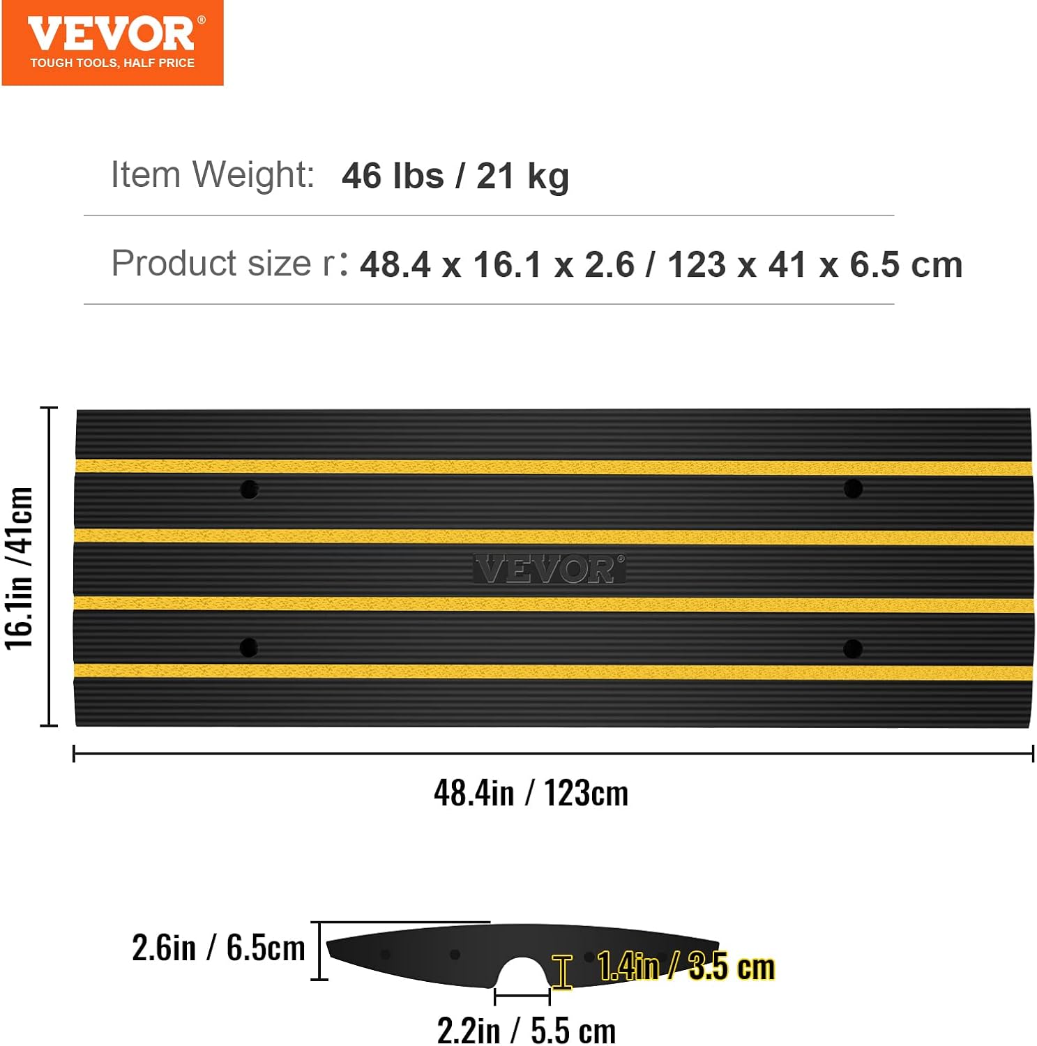 VEVOR Car Driveway Rubber Curb Ramps Heavy Duty 33069lbs Capacity Threshold Ramp 2.6 Inch High Cable Cover Curbside Bridge Ramp for Loading Dock Garage Sidewalk (1-Channel, 1Pack-Curb Ramp)