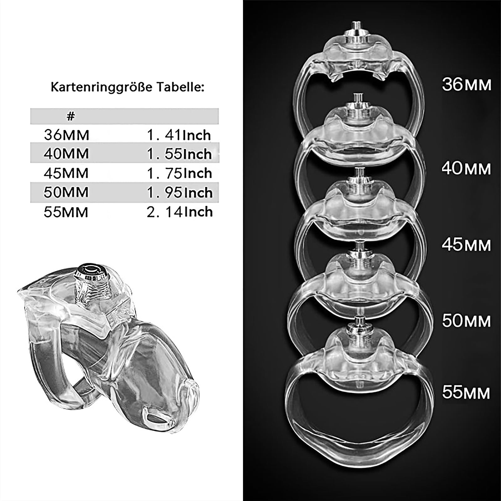 Cage de chasteté pour hommes HT-V5 avec 5 tailles d'anneau pénien Click & Lock Clear Nub