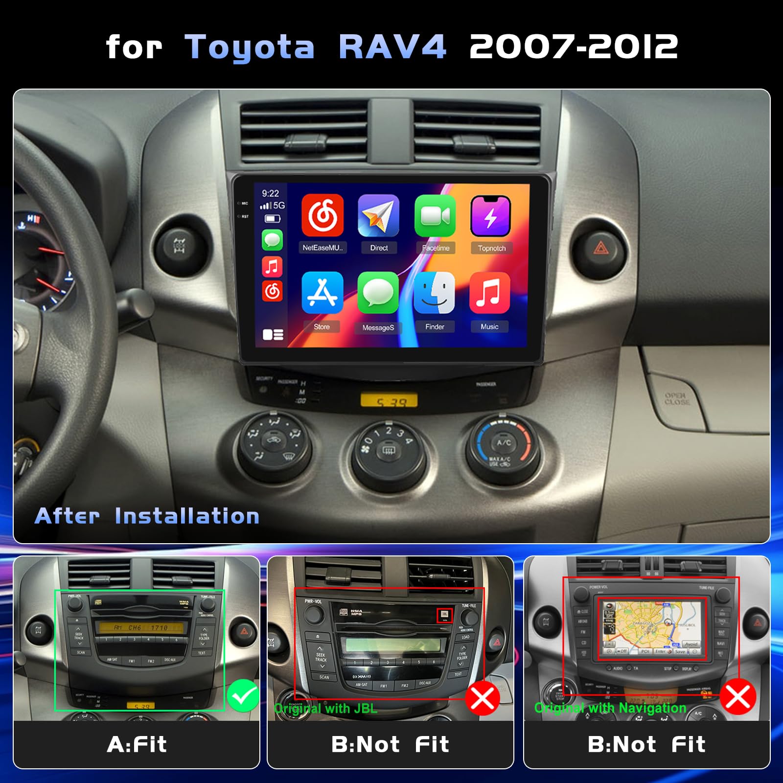 Hikity 4+128G 9" Autoradio Android pour Toyota RAV4 2007-2012 | Incell Écran Tactile Wireless Carplay Autoradio 2 DIN GPS Navi Bluetooth 5.0 WiFi FM/RDS Caméra de Recul EQ 4+128G