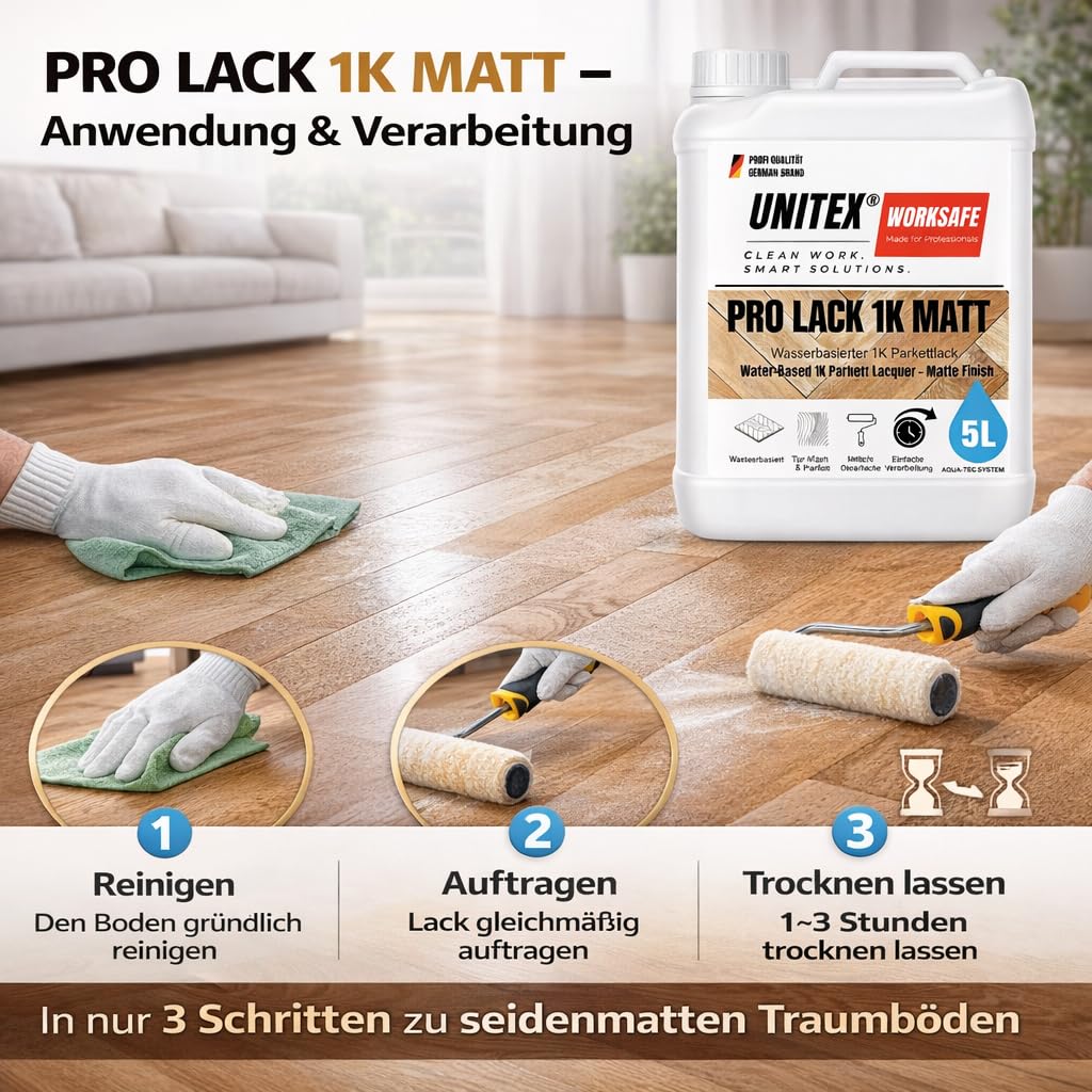 Unitex Barniz de parquet mate a base de agua, 5 l – 1 K, barniz para madera para parqué y suelos de madera, resistente, secado rápido Pro barniz K1