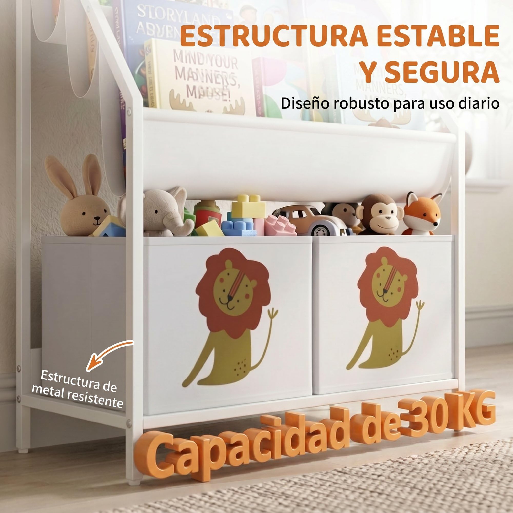 AIYAPLAY Librería Infantil de 4 Niveles Montessori Niños 76 cm Blanco | Estantería para Libros, 3 Estantes, 2 Cajones de Tela, Diseño de León, Sala de Juegos, Dormitorio, Guardería