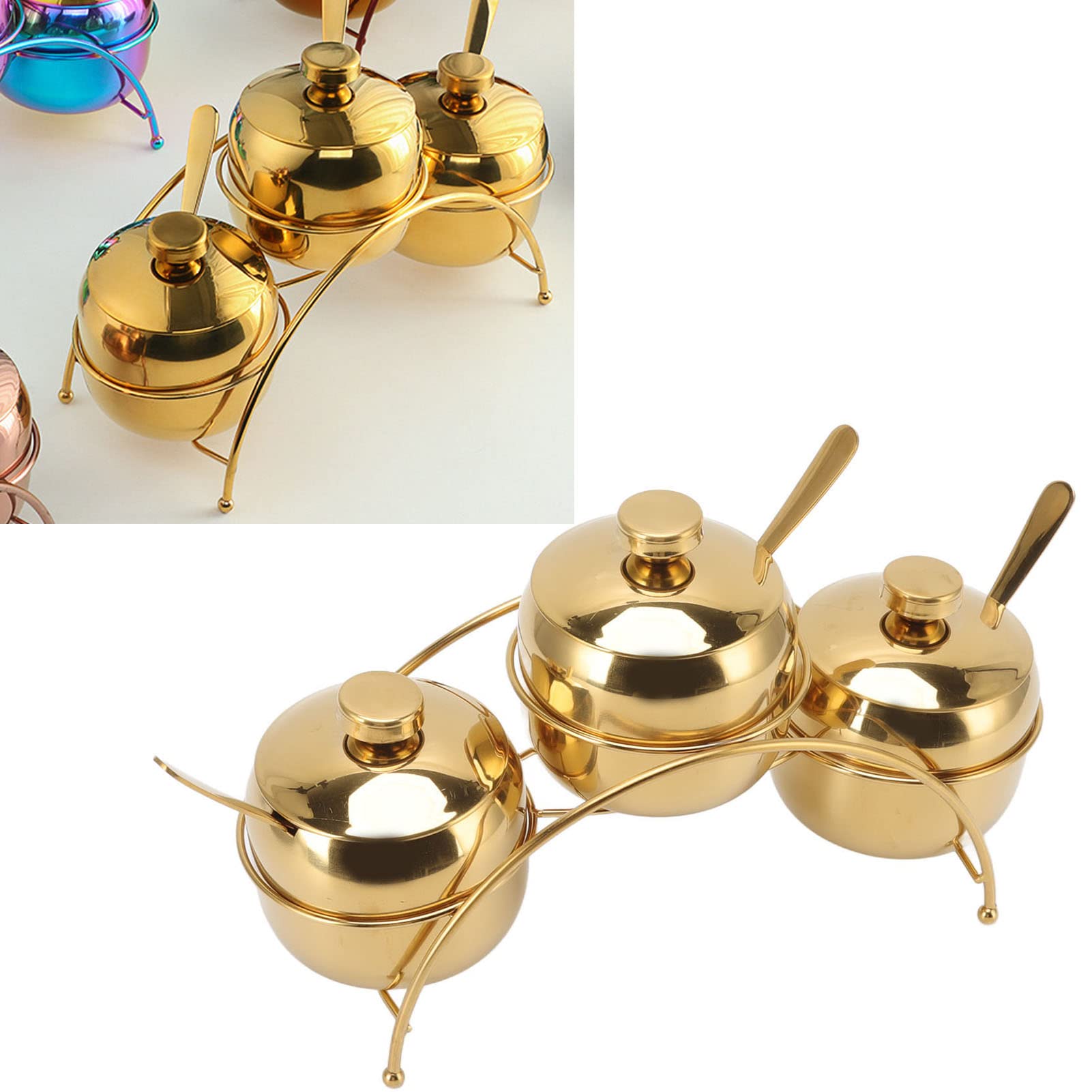 Fdit Spice Salt Sugar Pot and Lid Set, Hygienic Dustproof Condiment Jars Set 304 Stainless Steel Food Grade Non Slip with Bridge Shaped Rack for Home Kitchen (Gold)