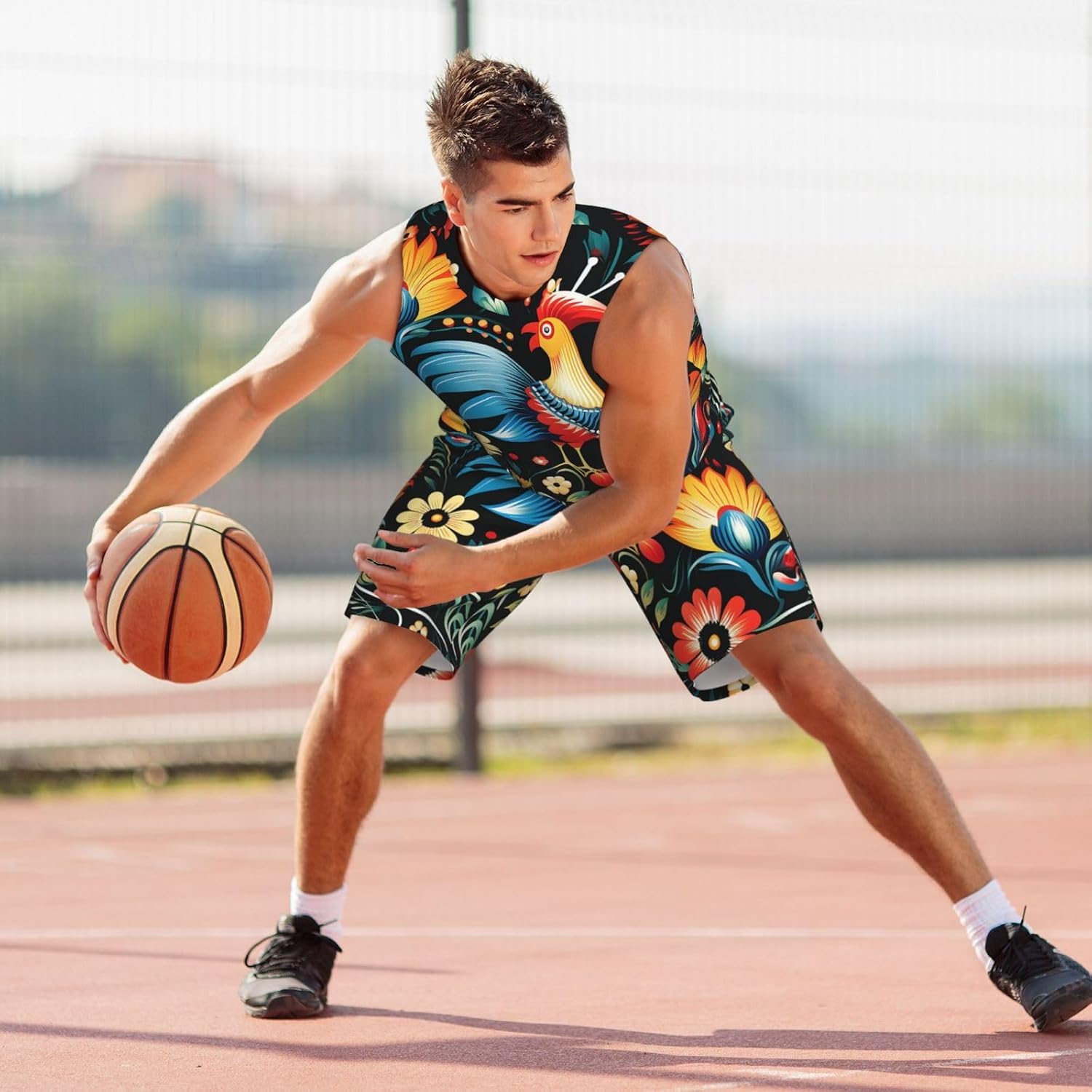 Mens Basketball Jerseys Polish Folk Art Pattern Uniform Suit Mesh Sports Jersey Outfits T-Shirt and Short Sets Black