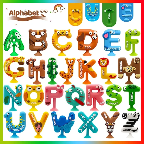 Suction Bath Toy for Toddler, 26PCS Animal Alphabet, Montessori Sensory Toy Gift for Kids Aged 3-12, Educational Spelling for Autism/ADD/ADHD,No Hole Bath Toy for Baby Toddlers