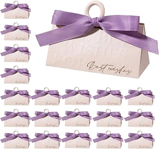 FAYEVIVI Party Favor Boxes - Valentines Day Gift Bags For Presents, Small Thank You Box For Party Favors, Candy Box Bulk, With Ribbon Wooden Ring Handle (50pcs Champagne,L)