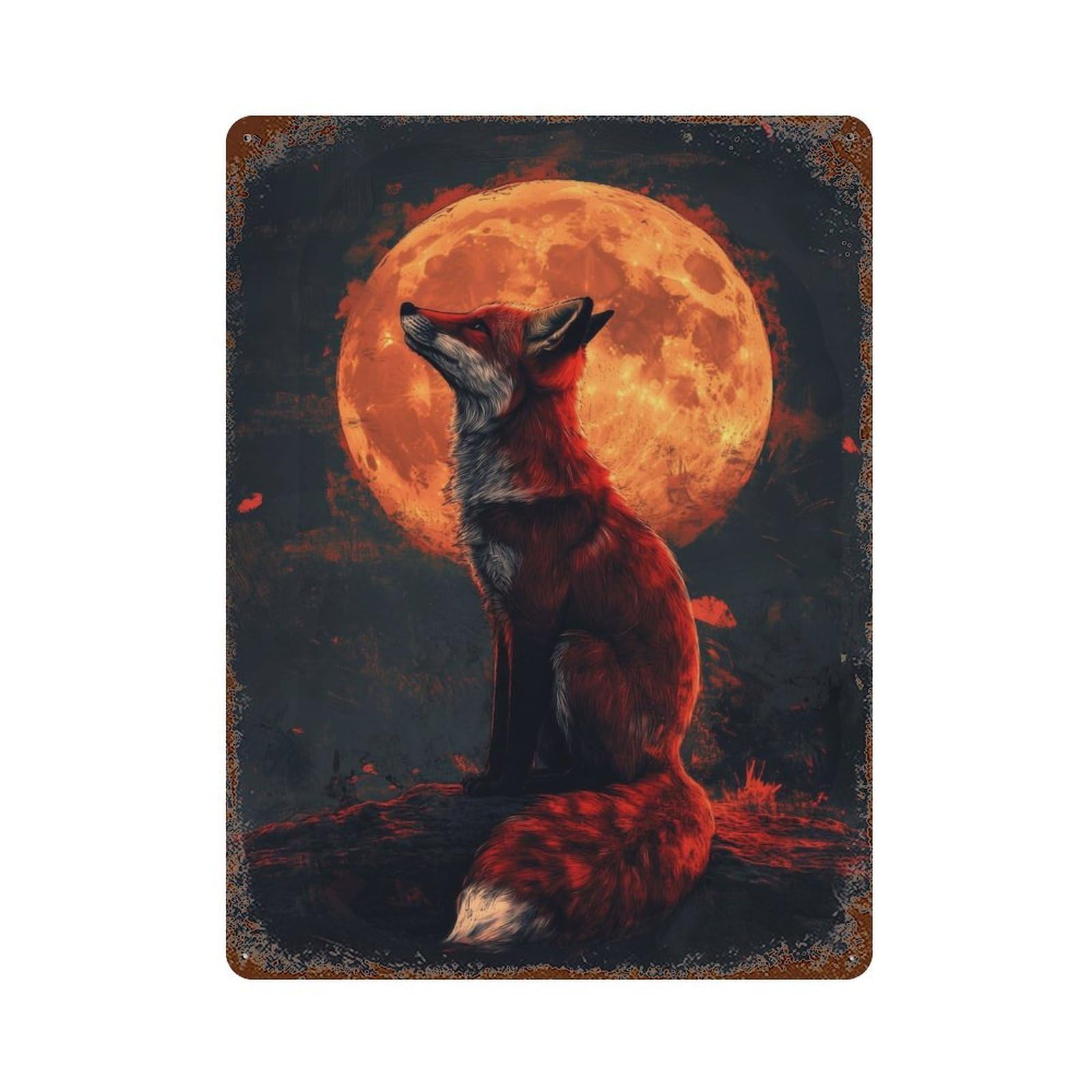 Japanese Red Fox Distressed Metal Wall Sign 15.7"x11.8", Ideal for Garage, Bar And Workshop Decor