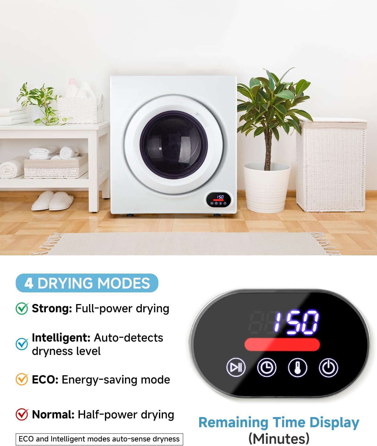 LCD touch panel displaying four drying modes: Strong, Intelligent, ECO, and Normal.