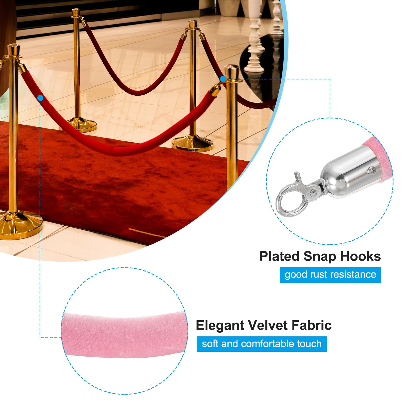 PATIKIL 6 Pack Cuerda De Barrera De Terciopelo Rosa 6 Ft Cuerda De Control De Multitudes Con Ganchos De Acero Inoxidable Plateado Para Eventos Con Alfombra Roja Cines Y Actividades