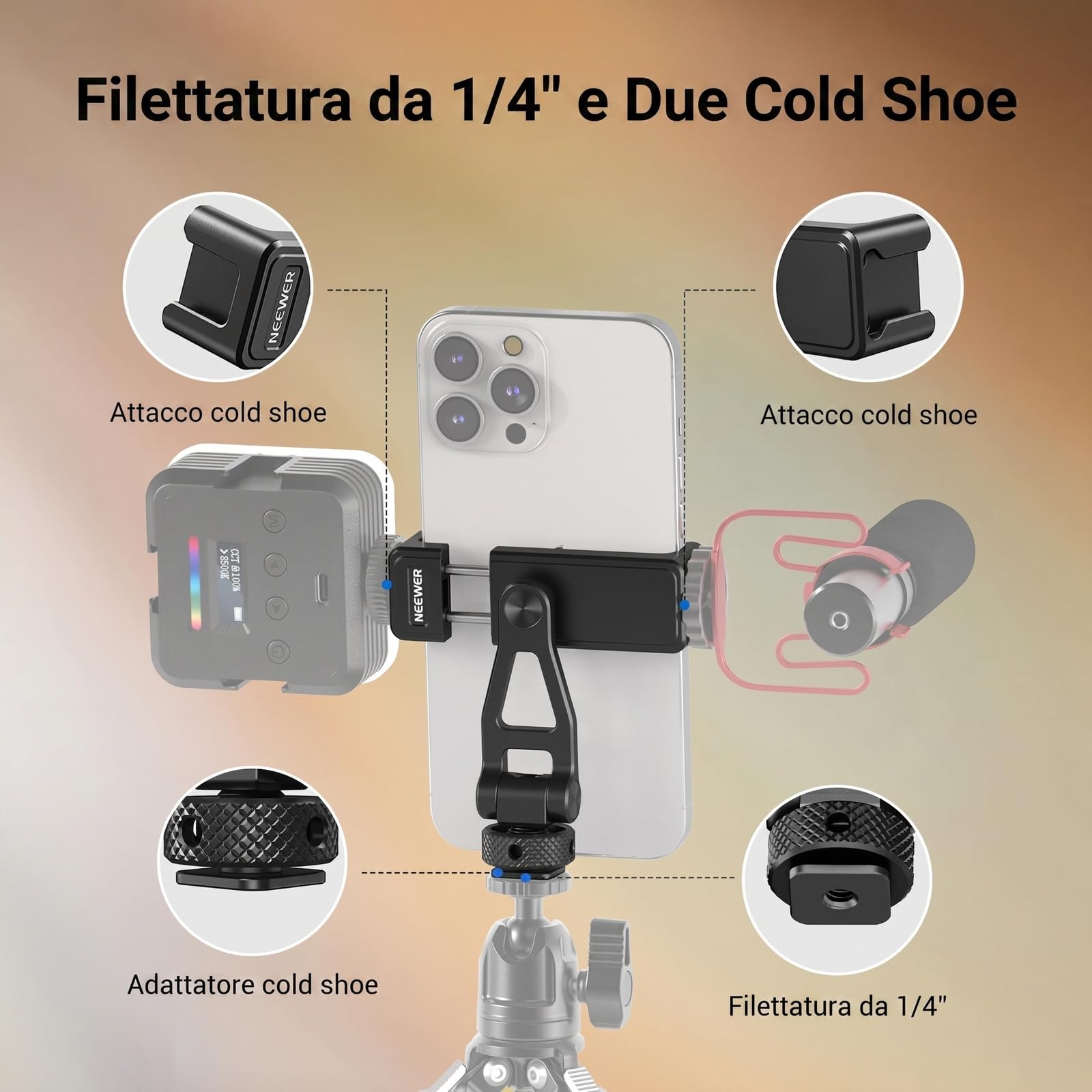 NEEWER Supporto Telefono da Treppiede in Metallo con Cold Shoe, Filettatura 1/4", Incl.180°,Rot.360°, Supporto Smartphone per Cavalletto Compatibile con iPhone 15 Pro Max S24 Ultra Camera Cage, GA010
