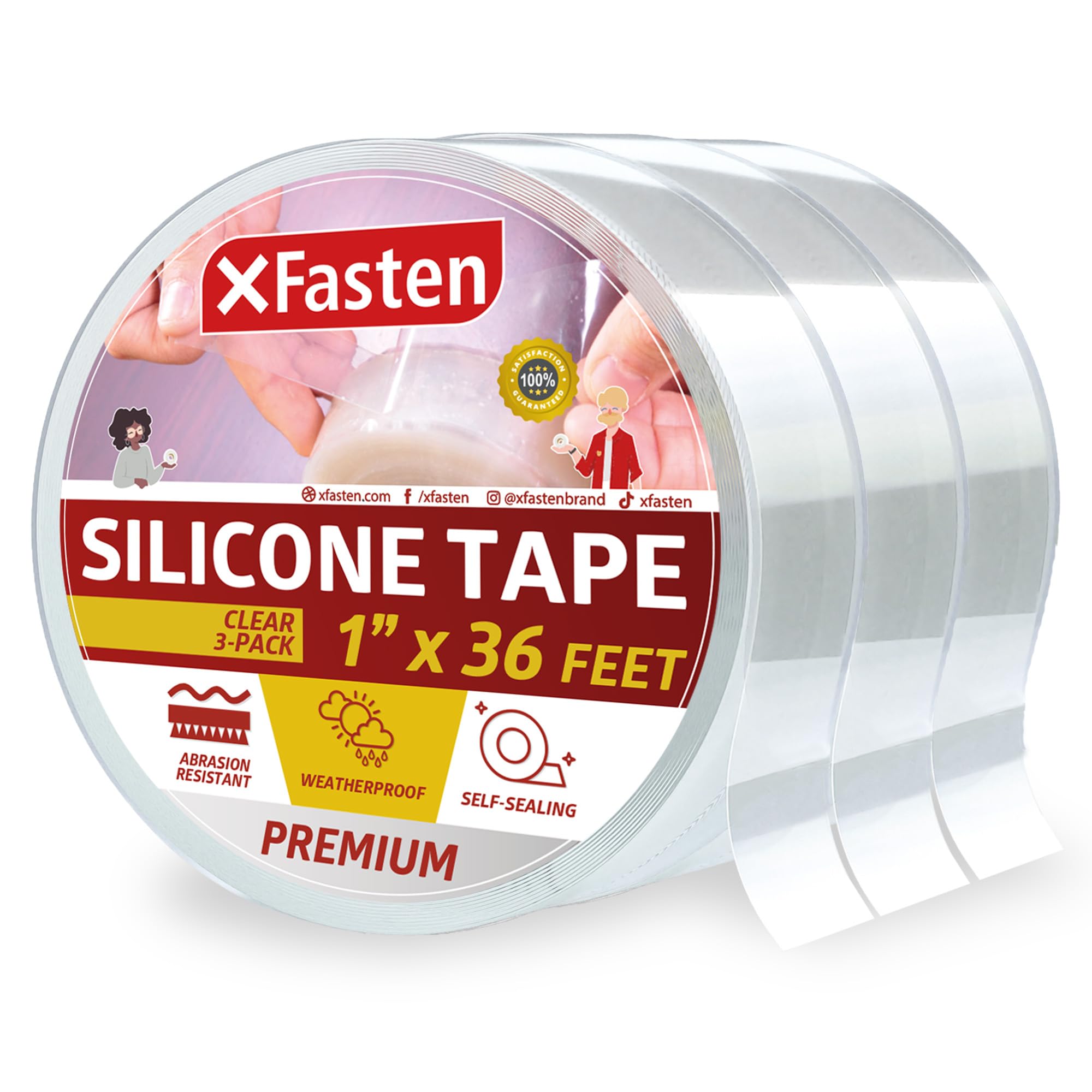 XFasten Self Fusing Silicone Tape Waterproof 1-Inch x 36-Feet (3-Pack, 108ft Total) Clear Rescue Tape, Self Amalgamating Tape Plumbing Tape for Leaks, Pipe Sealing Tape, Hose Repair Tape