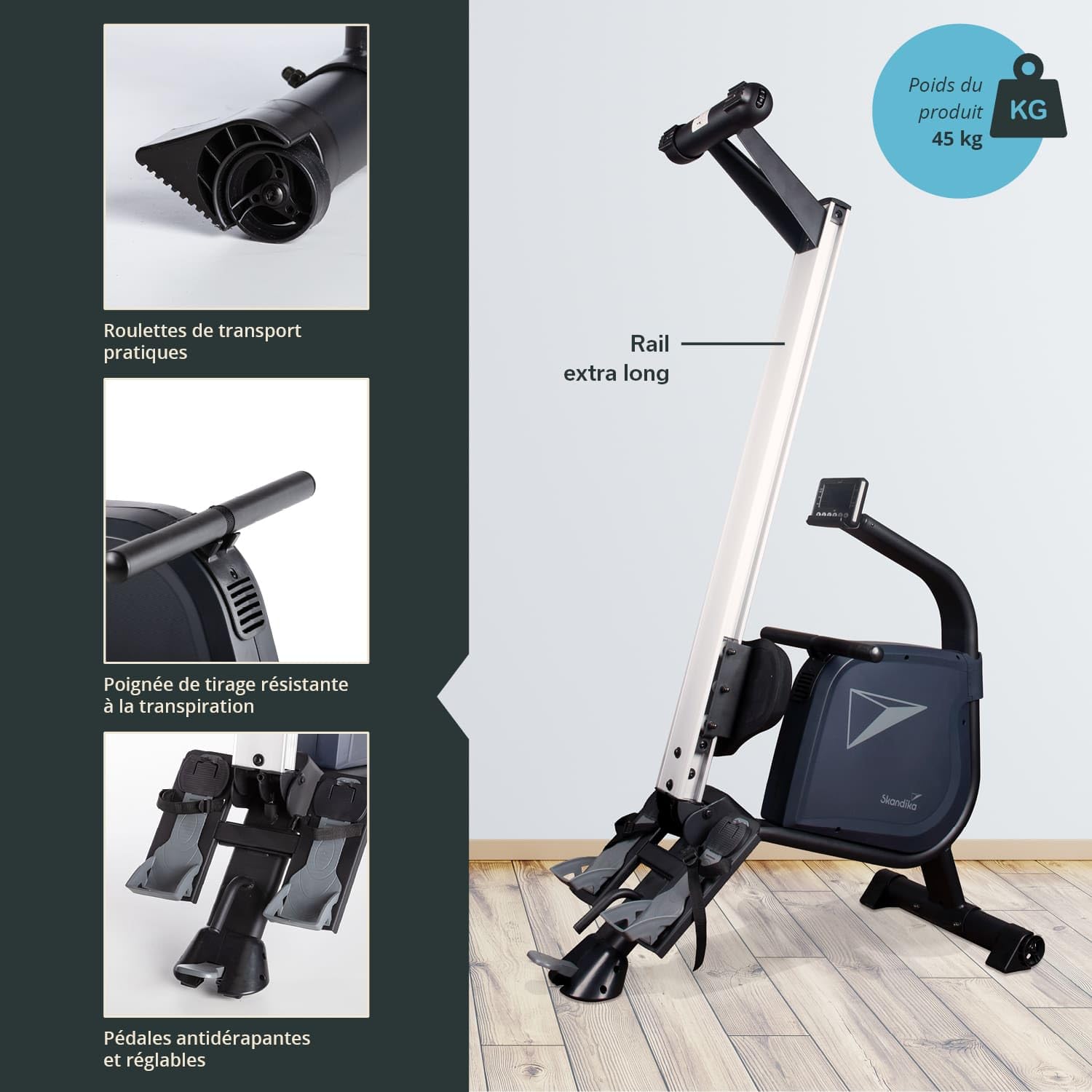 Skandika Rameur Pliable D’Appartement Njord, 16 Niveaux de Résistance, Qualité Studio, 12 Programmes, Écran LCD inertie 8KG, Rameur Magnétique, Kinomap, Rail 128cm, Support Tablette, Max 180KG