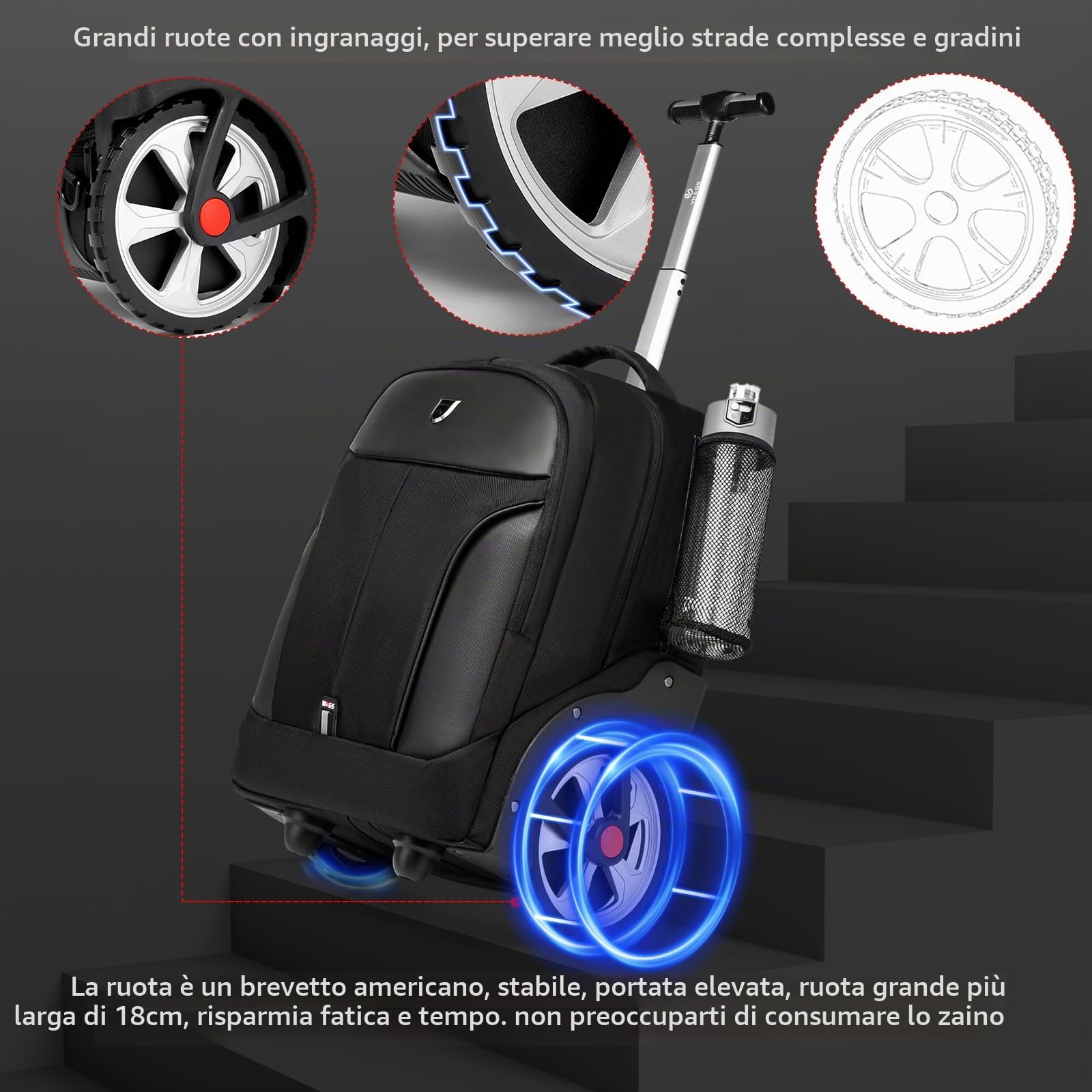 RUCYEN Zaino arrotolabile, zaino impermeabile con ruote per pendolari di lavoro e viaggi, zaino da portare con sé con scomparto per laptop, zaino con ruote per adulti, Nero , 18", Affari