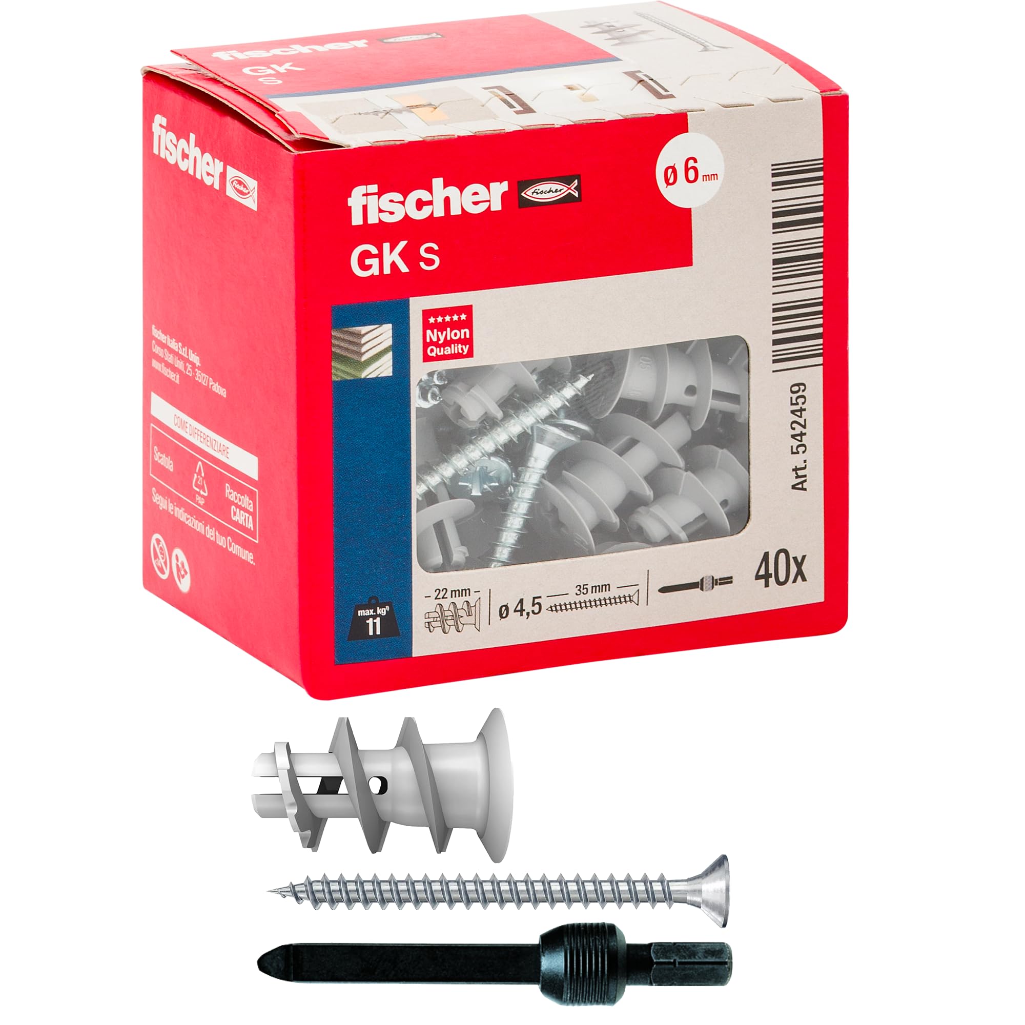 Fischer 542459 Dowel with Screw for Plasterboard GX, Grey, Set of 40 Pieces