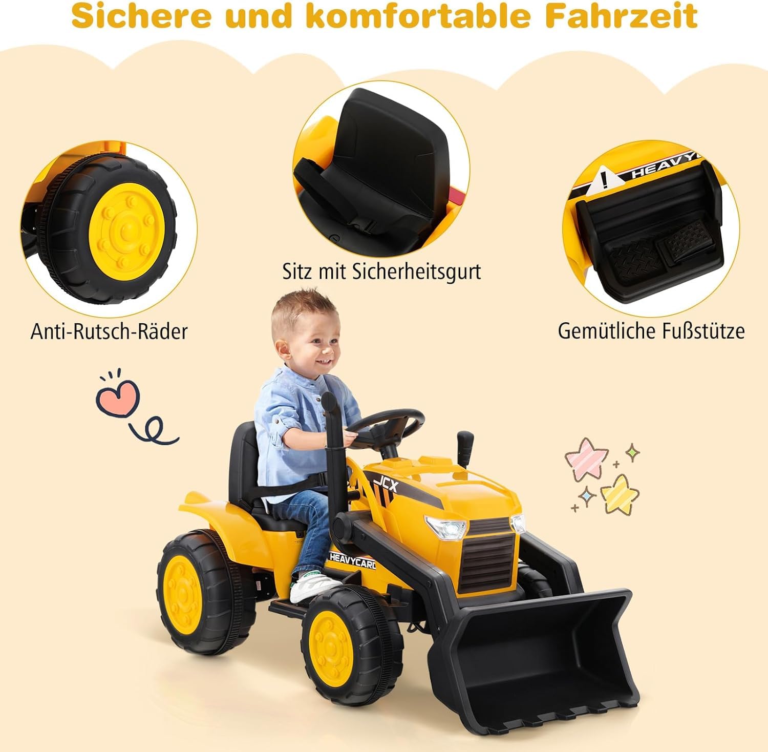DREAMADE Elektro Sitzbagger mit Verstellbarer Grabschaufel, Bagger zum draufsitzen mit Fernbedienung, Kinderbagger mit Musik, Hupen, Scheinwerfer, USB, Sanftanlauf, für Kinder 3-8 Jahren, Gelb