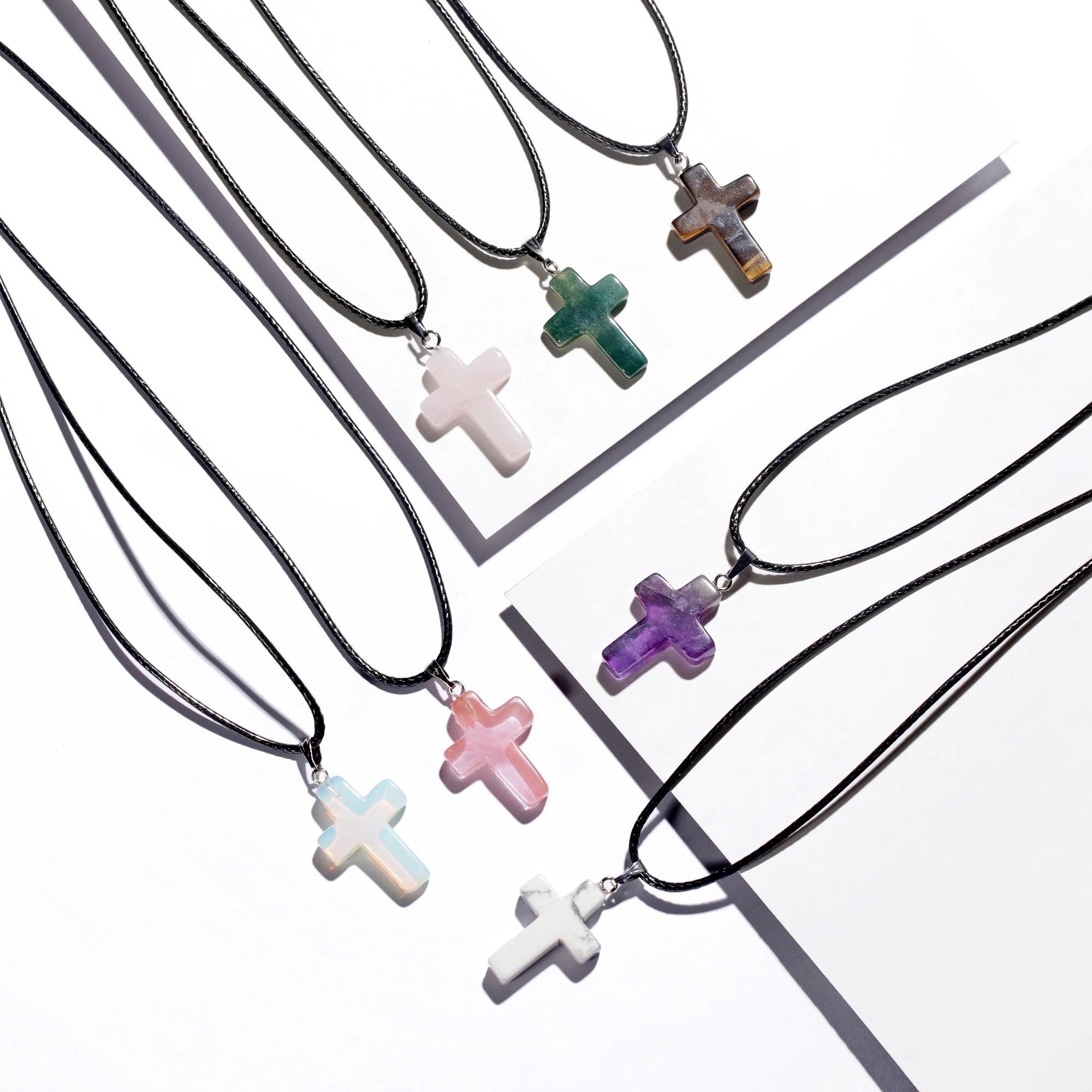 Girls Accessories Collana con Piccola Croce da Donna in Argento Sterling 925, Collana con Ciondolo Croce in Pietra Naturale da Donna Uomo da 18 Pollici con Cordoncino in Pelle Nera e Cristallo
