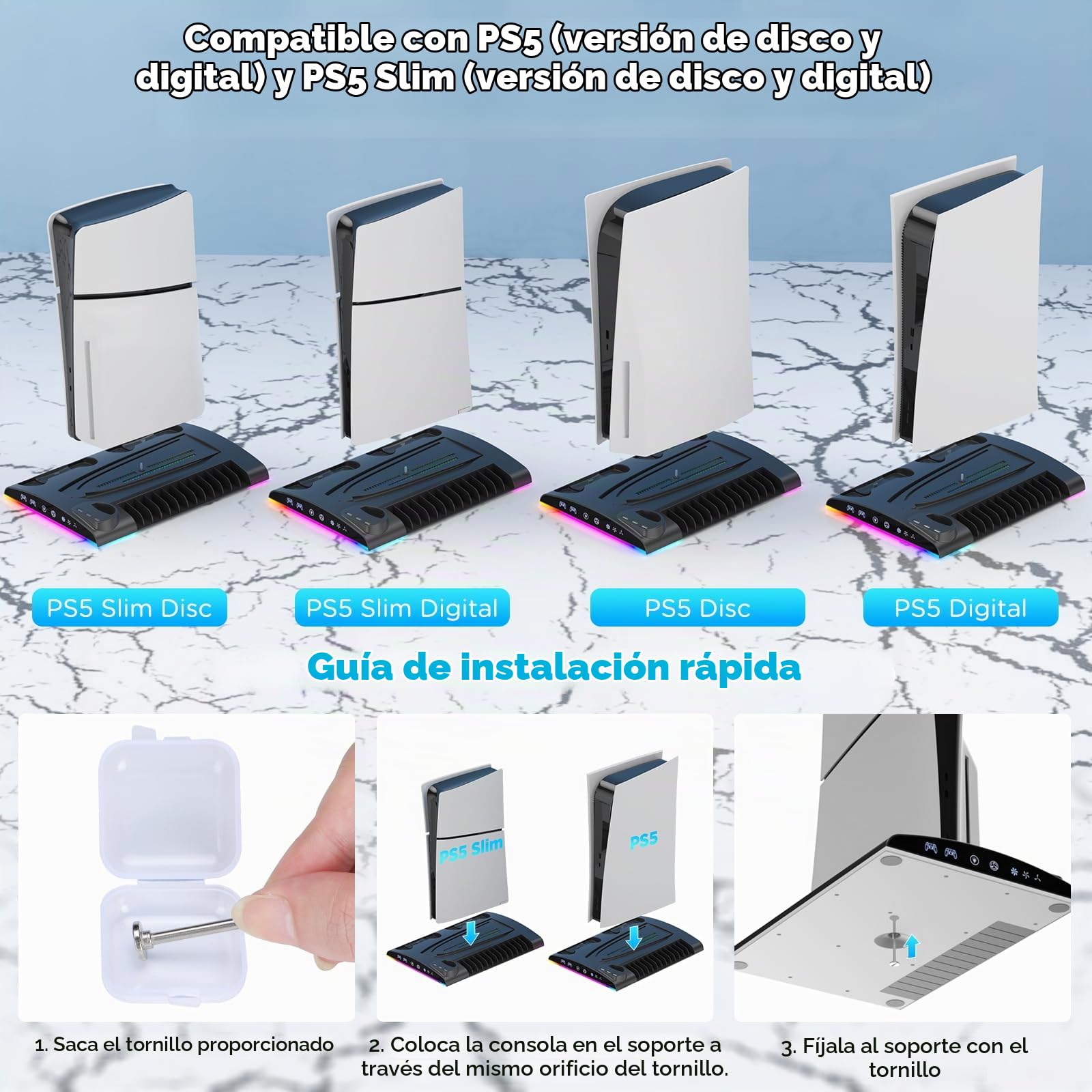 Soporte para PS5 Slim con Ventilador de 3 Velocidades, Cargador para Mando con Luz LED, Base Soporte Vertical con 3 Puertos USB y Ranuras para 13 Juegos PS5