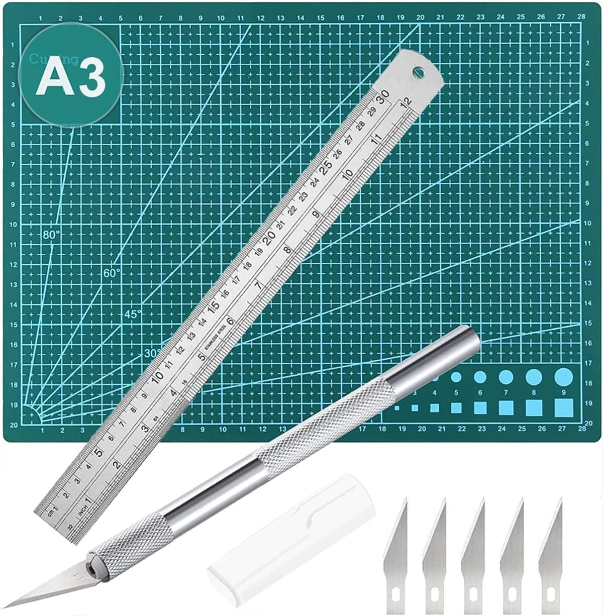 CLOUDFOUR Self-Healing craft cutting mat, Rotary double sided cutting board with craft carving tool and ruler. A3 Cutting Mat for Arts and Crafts, Sewing & Scrapbooking projects. (Green A3)