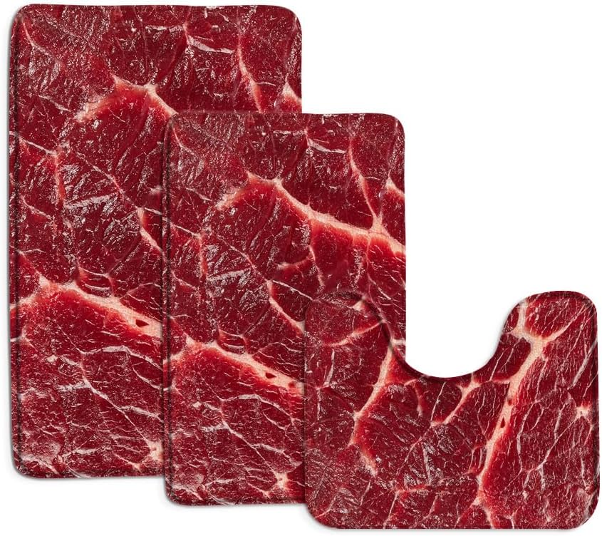 Funny Steak 3 Piece Bath Mat Sets,Red Beef of Meat Raw Food Fun Bathroom Kitchen Rugs,16"x24"and 17.8"x29.5"and U Shaped 21"x17"